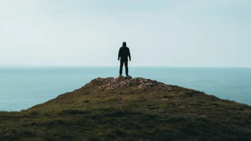 A solitary figure standing on a hilltop overlooking the ocean, representing values-driven leadership, inner discernment, and the soul muscle that helps leaders distinguish truth from deception.